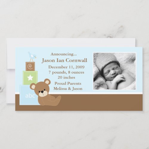 Blue Teddy Bear Baby Photo Birth Announcement