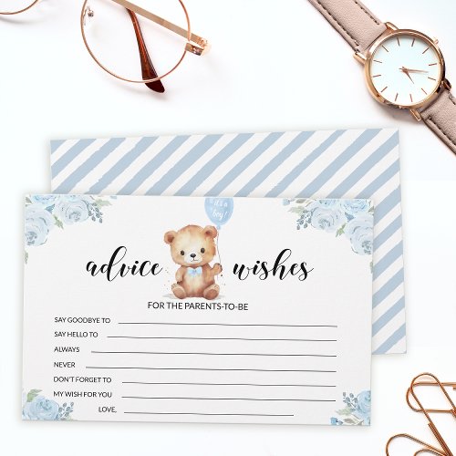 Blue teddy bear baby shower advice wishes card