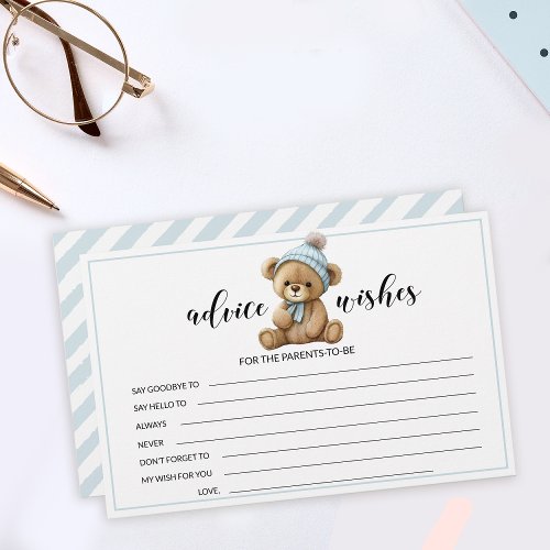 Blue teddy bear baby shower advice wishes cards 