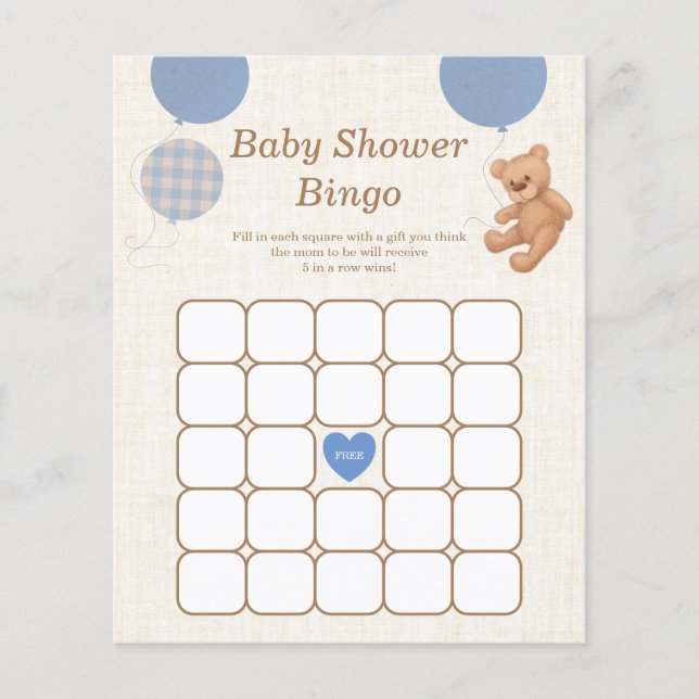 Blue Teddy Bear Baby Shower Bingo Game (Front)