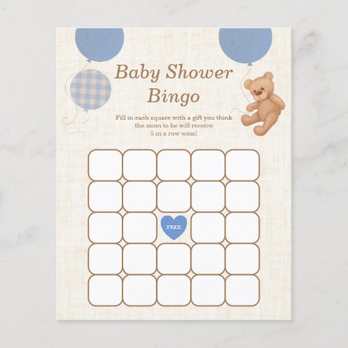 Blue Teddy Bear Baby Shower Bingo Game