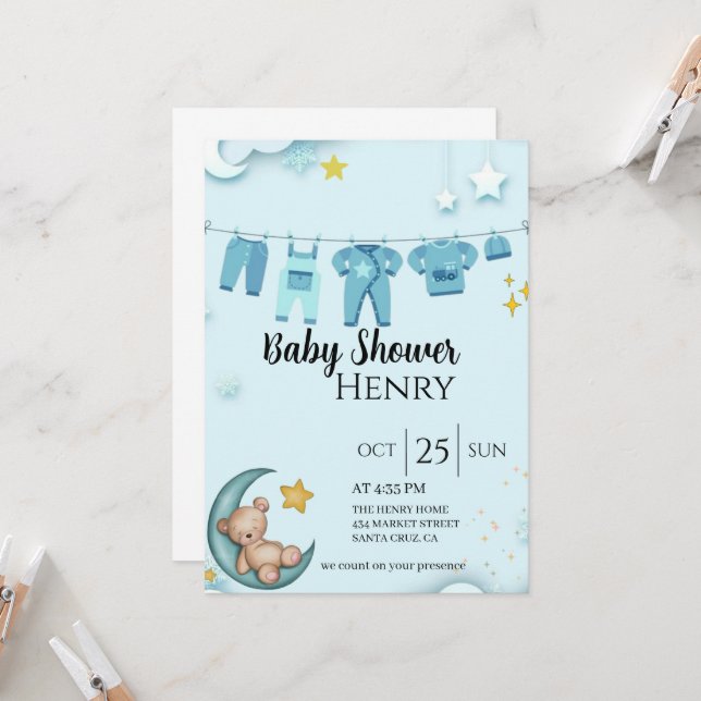 blue teddy bear baby shower boy invitation (Front/Back In Situ)