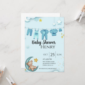 blue teddy bear baby shower boy invitation