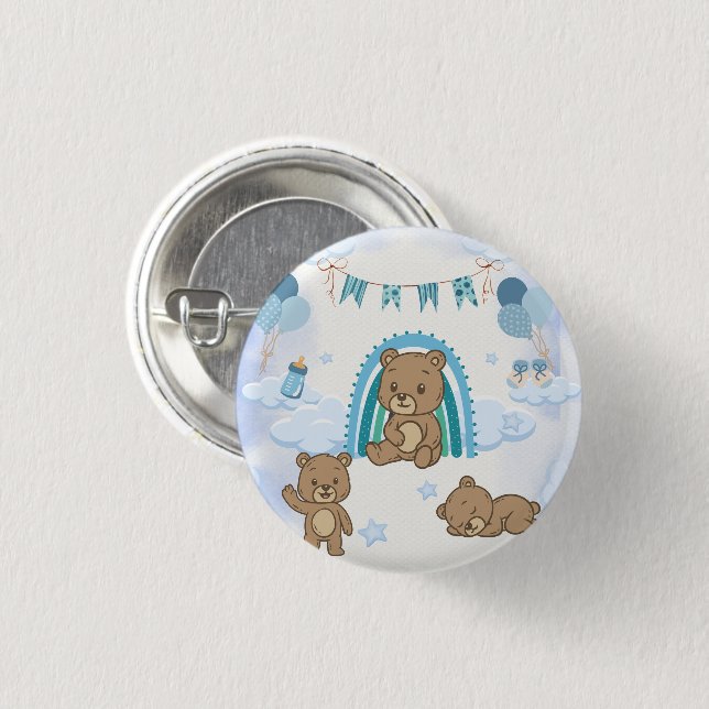 Blue Teddy Bear Baby Shower  Button (Front & Back)