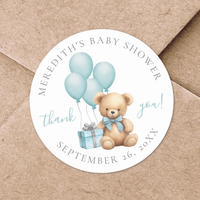 Blue Teddy Bear Baby Shower Classic Round Sticker (Blue Teddy Bear Baby Shower Classic Round Sticker)