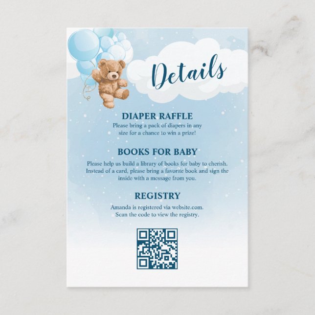 Blue Teddy Bear Baby Shower Details Enclosure Card (Front)
