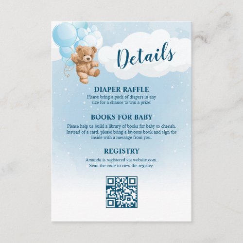 Blue Teddy Bear Baby Shower Details Enclosure Card