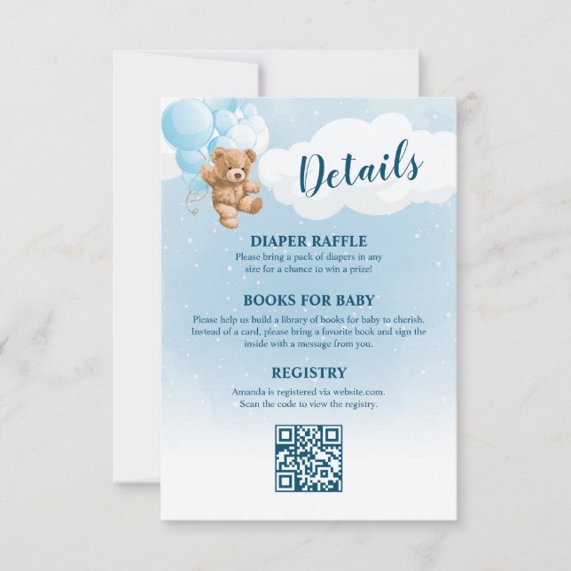Blue Teddy Bear Baby Shower Details Invitation (Front)