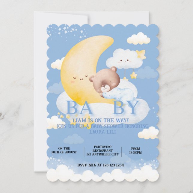 Blue teddy bear baby shower invitation  (Front)