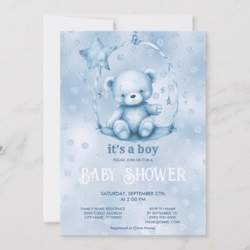 Blue Teddy Bear Baby Shower Invitation
