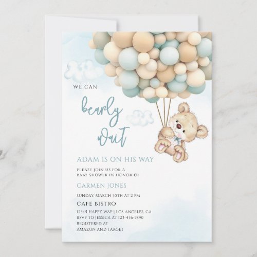 Blue Teddy Bear Baby Shower Invitation