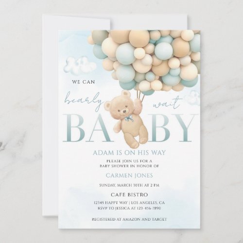 Blue Teddy Bear Baby Shower Invitation