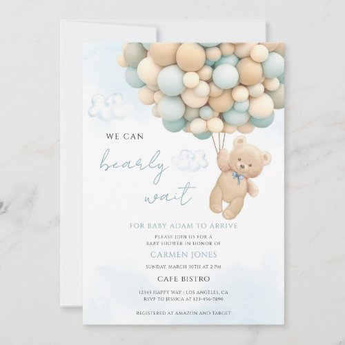 Blue Teddy Bear Baby Shower Invitation