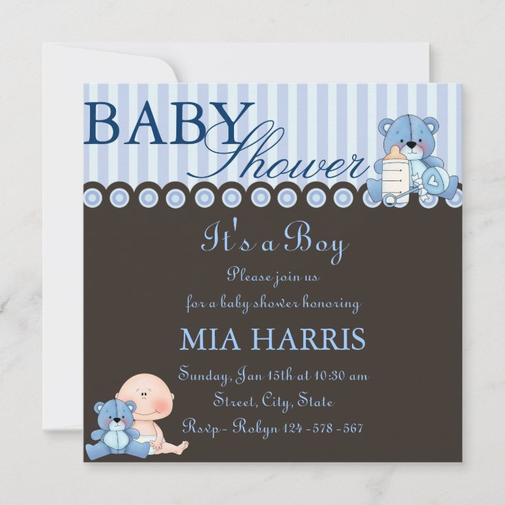 Blue Teddy Bear Baby Shower Invitation | Zazzle