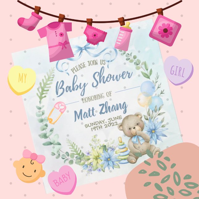 Blue Teddy Bear Baby Shower Invitation (Creator Uploaded)