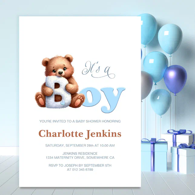 Blue Teddy Bear Baby Shower Invitation Zazzle