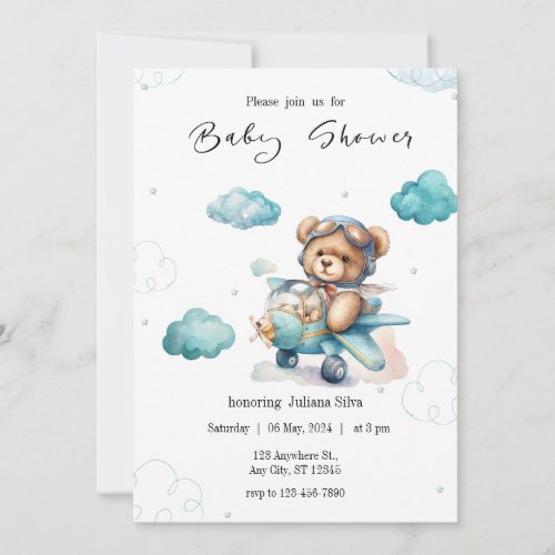 Blue Teddy Bear Baby Shower Invitation