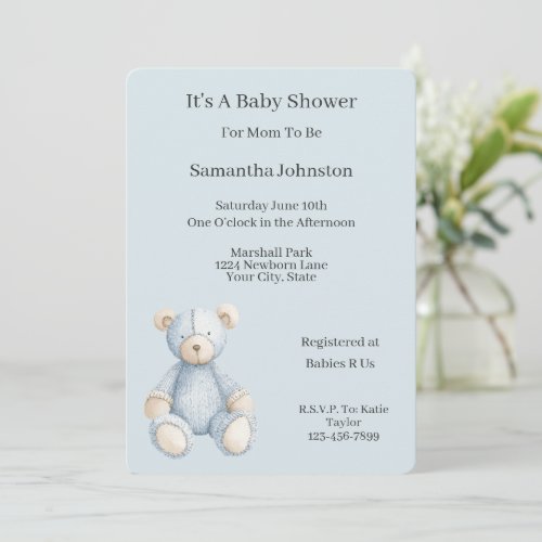 Blue Teddy Bear Baby Shower Invitation