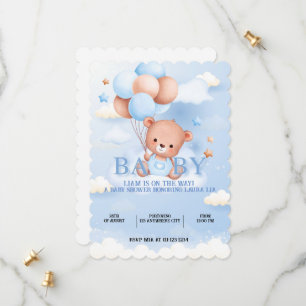 Blue teddy bear baby shower invitation 