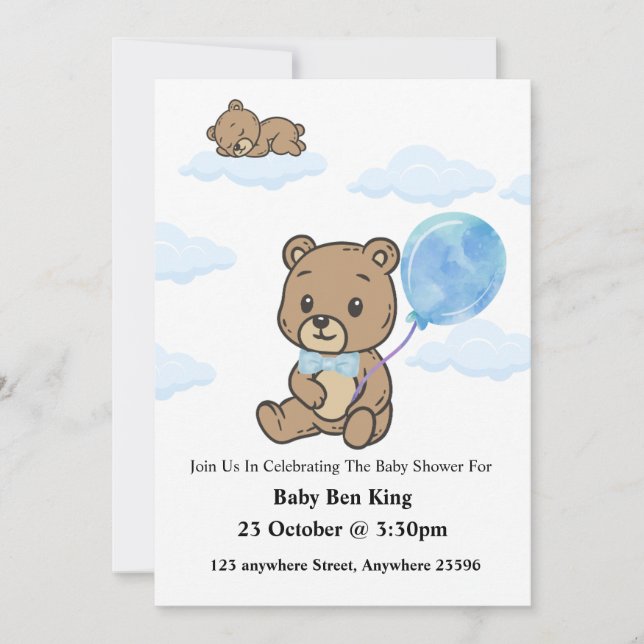 Blue Teddy Bear Baby Shower Invitation  (Front)