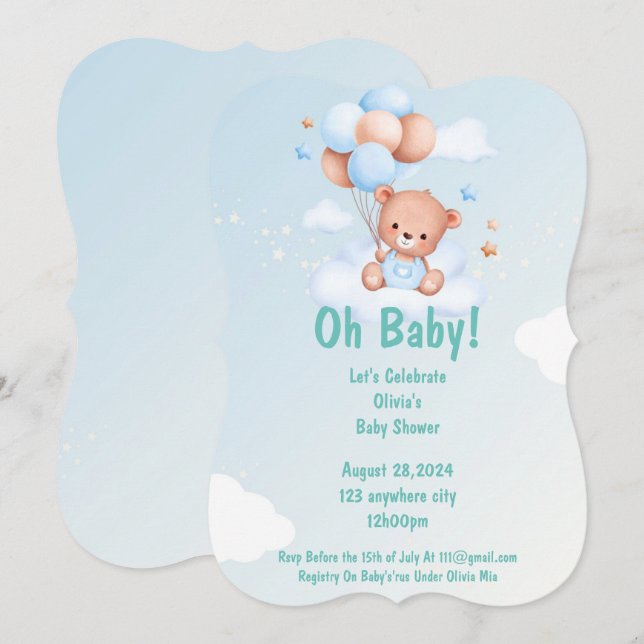 BLUE TEDDY BEAR BABY SHOWER INVITATION FOR BOYS (Front/Back)