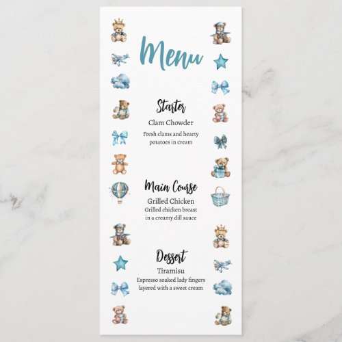 Blue Teddy Bear Baby Shower Menu