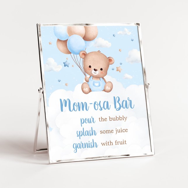 Blue Teddy Bear Baby Shower Mom Osa Bar Sign (Blue Boy Teddy Bear Clouds Balloon Baby Shower Sign)