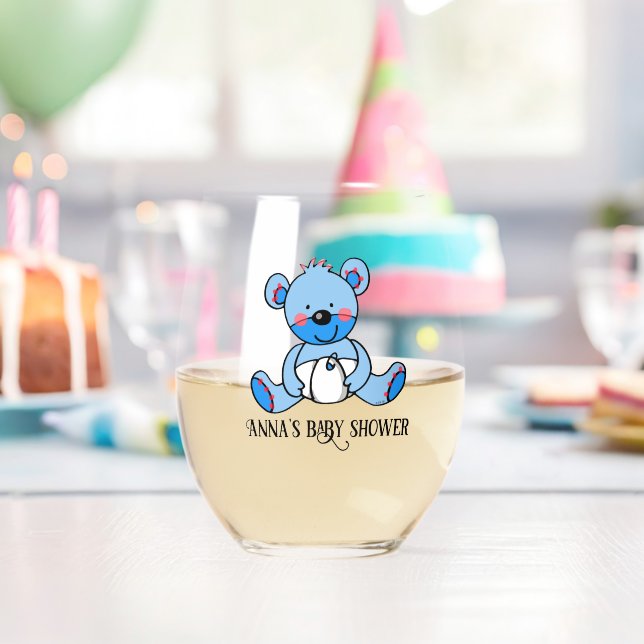 blue teddy bear baby shower (name) Drinkware Set Stemless Wine Glass (Insitu (Birthday))