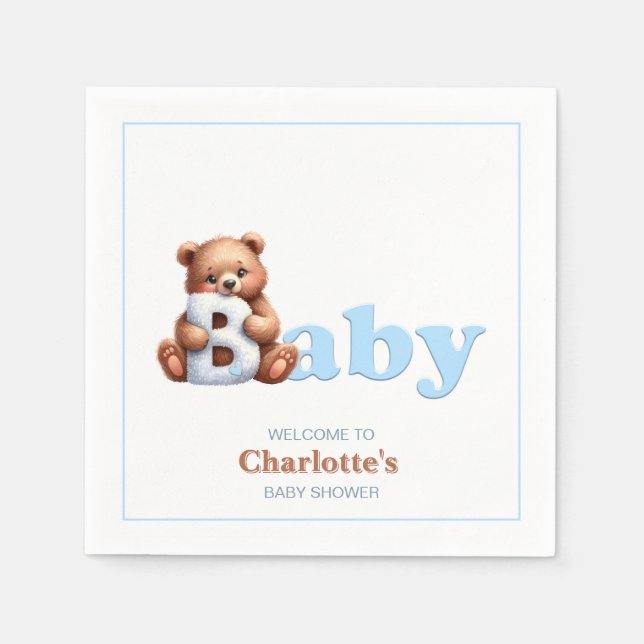 Blue Teddy Bear Baby Shower Napkins (Front)