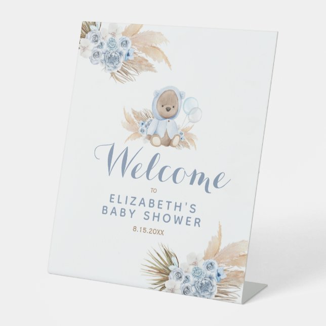 Blue Teddy Bear Baby Shower Pedestal Welcome Sign (Front)