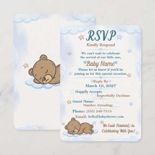 Blue Teddy Bear Baby Shower RSVP Card