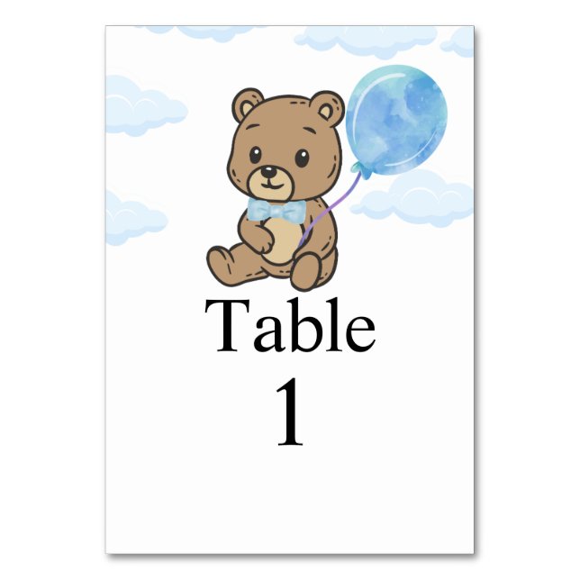 Blue Teddy Bear Baby Shower  Table Number (Front)