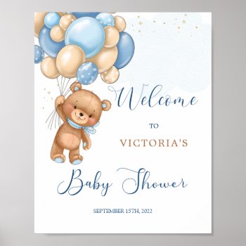 Blue Teddy Bear Baby Shower Welcome Sign by IrinaFraser at Zazzle