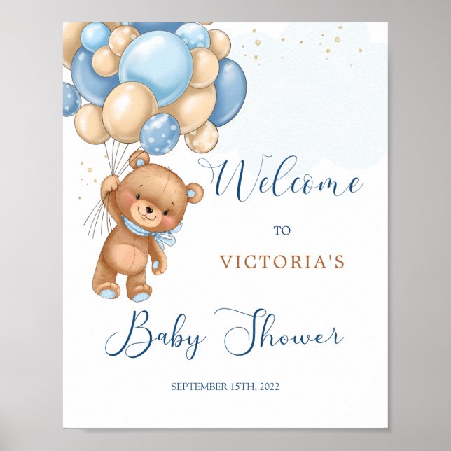 Blue Teddy Bear Baby Shower Welcome Sign (Front)