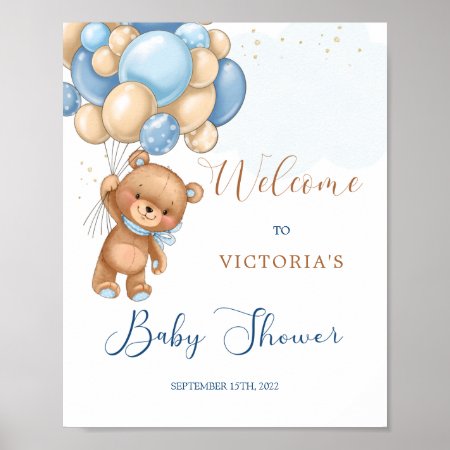 Blue Teddy Bear Baby Shower Welcome Sign