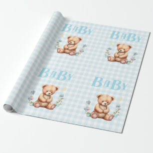 Blue Teddy Bear Baby Typography Baby Shower Wrapping Paper