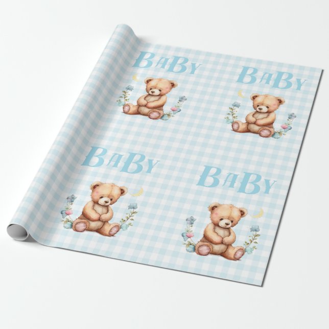 Blue Teddy Bear Baby Typography Baby Shower Wrapping Paper (Unrolled)