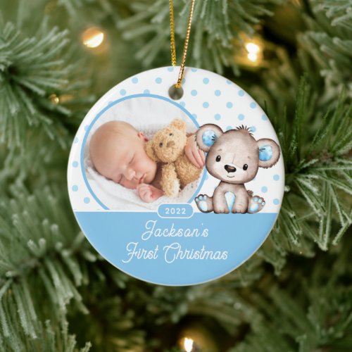 Blue Teddy Bear Babys First Christmas Photo Ceram Ceramic Ornament