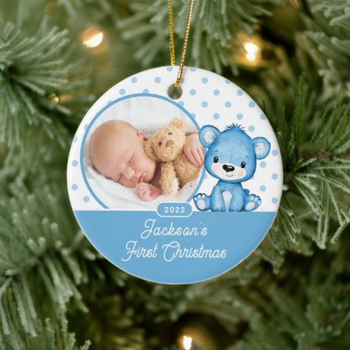 Blue Teddy Bear Babys First Christmas Photo Ceramic Ornament