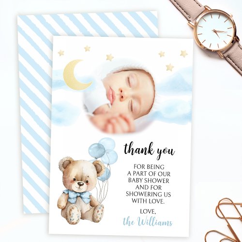 Blue teddy bear balloon baby boy shower photo thank you card