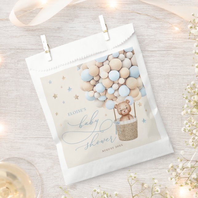 Blue Teddy Bear Balloon Bearly Wait Baby Shower Favor Bag (Clipped)