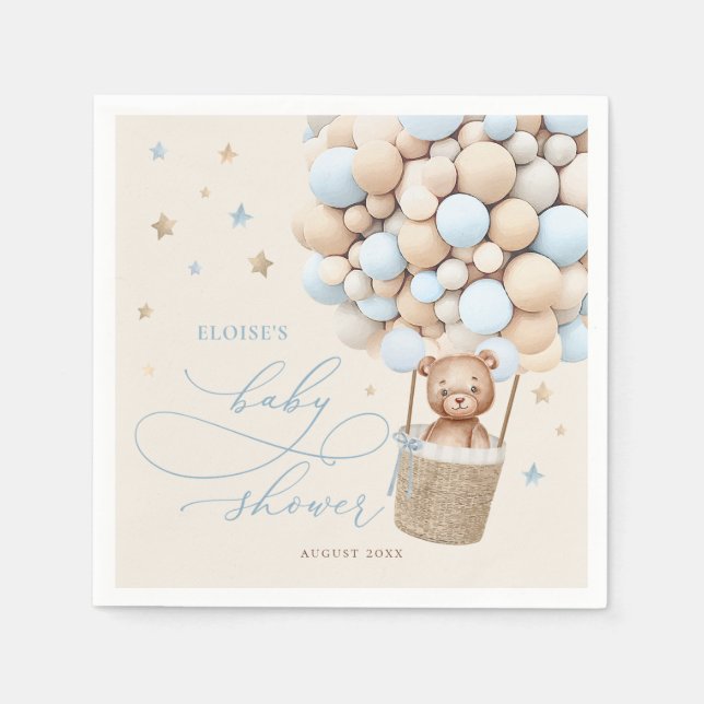Blue Teddy Bear Balloon Bearly Wait Baby Shower Napkins (Front)