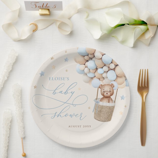 Blue Teddy Bear Balloon Bearly Wait Baby Shower Paper Plates (Wedding)