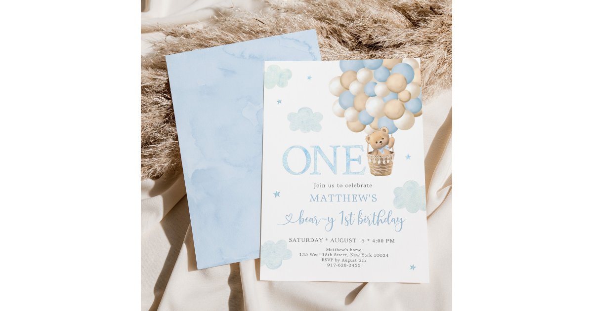Blue Teddy Bear Balloon Beary First Birthday Invitation | Zazzle