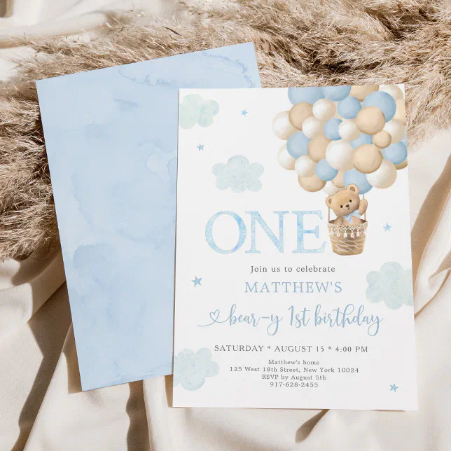 Blue Teddy Bear Balloon Beary First Birthday Invitation | Zazzle