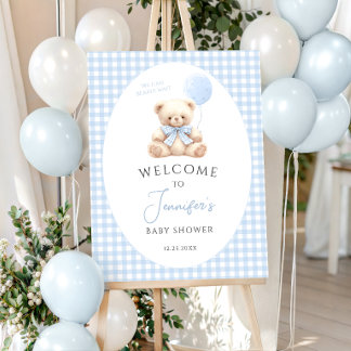 Blue Teddy Bear Balloon Bow Baby Shower Welcome Foam Board