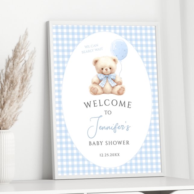 Blue Teddy Bear Balloon Bow Baby Shower Welcome Poster (Creator Uploaded)