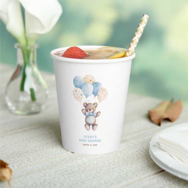 Blue Teddy Bear Balloon Boy Baby Shower Paper Cups (Insitu)