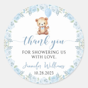 Blue teddy bear balloon boy baby shower thank you classic round sticker