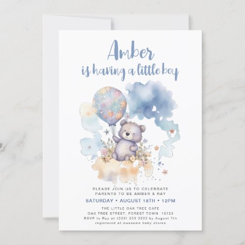 Blue Teddy Bear Balloon Cute Boy Baby Shower Invitation